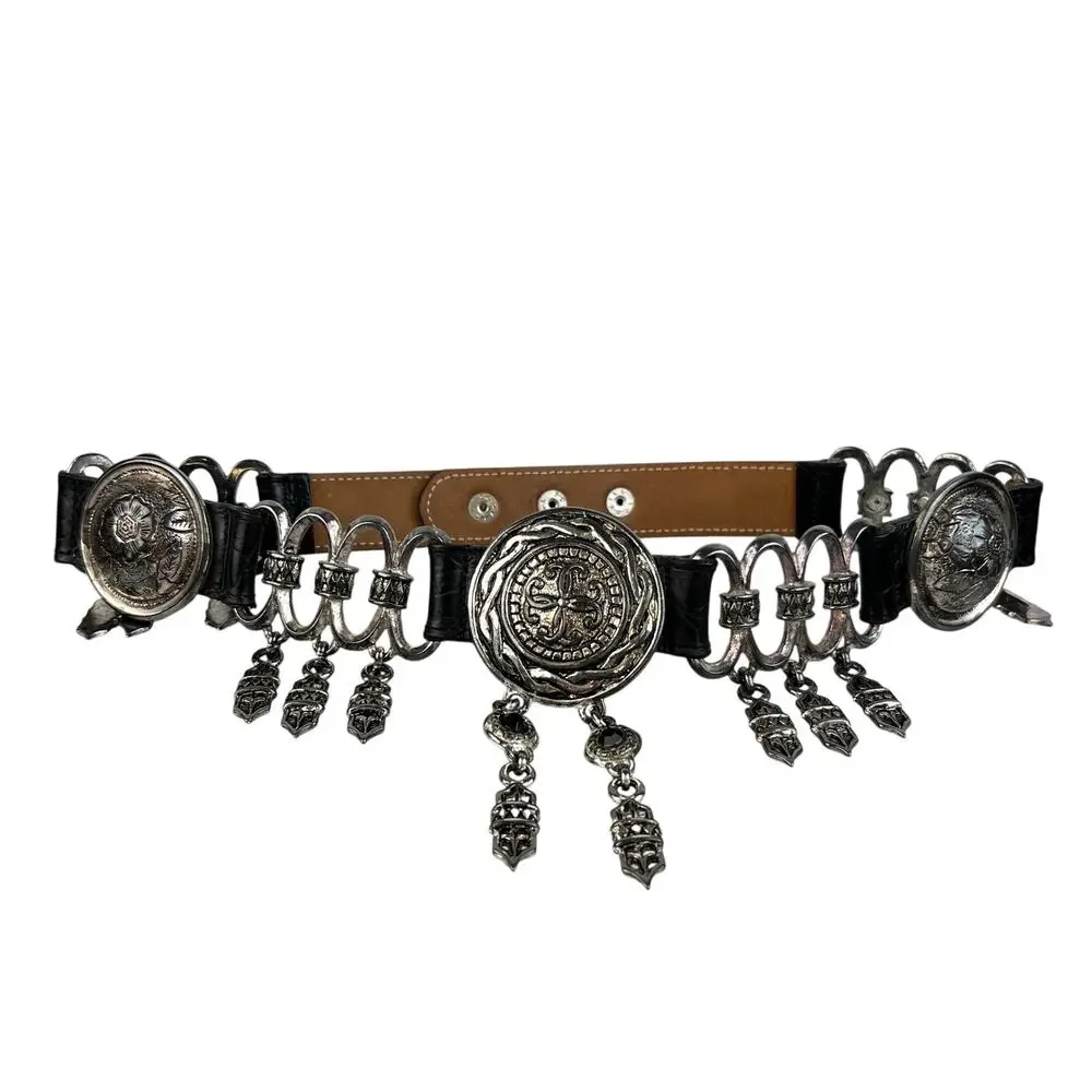 Vintage Women's Black & Silver Tone Medallion Hanging Charm Western Belt (XS/S)